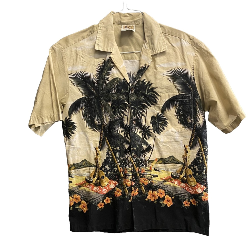 Vintage Winnie Fashion Hawaiian Shirt Made in Hawaii Scenic Palm Border Tan L